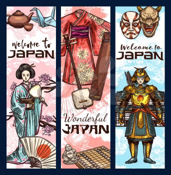 Japan culture sketch banners. Vector famous Japanese Fuji mount, geisha kimono or samurai and ninja or tea ceremony and music instruments or kabuki theater and traditional symbols