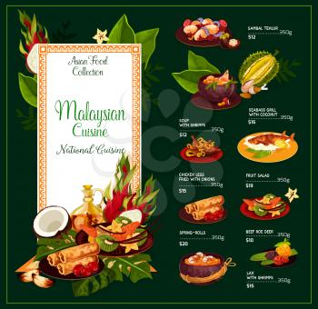 Malaysian cuisine vector dishes of sambal tehlur, shrimp soup or seabass fish with coconut and fried chicken legs with onion and fruit salad or spring-rolls and lax. Traditional dishes, vector menu