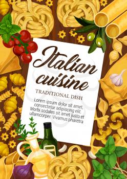 Italian pasta spaghetti, fettuccine and ravioli. Italy traditional food cooking vector ingredients of olive oil and tomato with tagliatelle, lasagna or linguine and pappardelle pasta