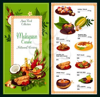 Malaysian cuisine meals menu. Vector Asian traditional dishes of sambal tehlur, shrimps soup or seabass grill with coconut and fried chicken legs, fruit salad or spring-roll and beef roe deer with lax