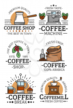 Coffee shop, cafe and coffehouse icons or emblems. Vector coffee machine maker, French press and espresso, americano cup and coffee machine steam or Arabica beans roast in bag