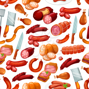 Meat products and butchery shop sausages pattern. Vector seamless background of beef and pork, chicken or bacon ham and salami or pepperoni sausages