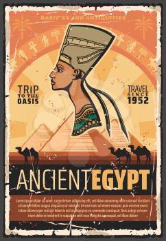 Ancient Egypt culture landmarks tours and historic travel. Vector ancient Egyptian Nefertiti princess, Cheops and Tutankhamen pyramids with camels in Cairo or Giza
