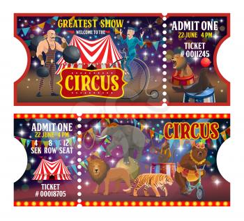 Circus show tickets, performers or artists and trained animals. Vector strongman with weight and dumbbell, acrobat on unicycle and striped tent. Lion and seal, elephant and tiger, monkey juggler, bear