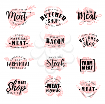 Meat products and butchery shop lettering. Vector sketch calligraphy of butcher organic pork knuckle or ham hock, T-bone beefsteak and bacon or tenderloin, chicken leg or mutton ribs and veal jamon
