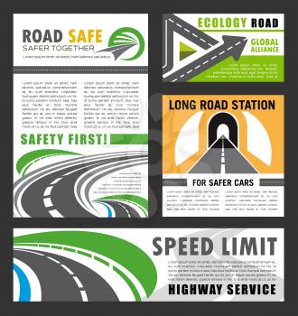 Road safety service and eco clean roads global construction alliance posters and banners. Vector transport traffic and highway or vehicle motorway and tunnels building company design