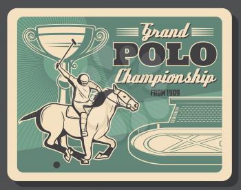 Horse polo championship competition, equestrian sport vintage poster. Vector design of polo jockey player on horse at racecourse arena and tournament champion cup