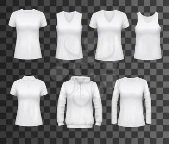Women t-shirts, sport tank tops or hoodies and casual polo shirts. Vector white womenswear apparel models, realistic blank front view set for brand promo, isolated on transparent background