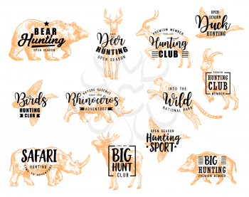 Hunting club lettering, wild birds and animals hunt sketch icons. Vector hunter open season and African safari hunt calligraphy design of bear, deer or gazelle, rhinoceros or elk and cheetah
