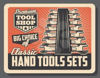 Handy tools shop vintage old poster. Vector Wrenches and spanners toolkit, handyman service or repair and construction or vehicle repair tools workshop