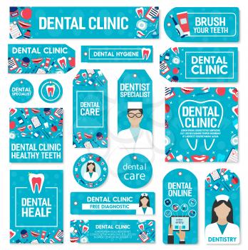Dental clinic and dentistry medicine of exodontia or orthodontic therapy treatment and implantation surgery. Vector dentist doctor with tooth implants and braces, toothbrush or toothpaste