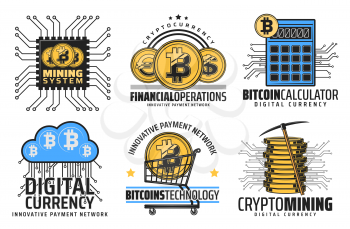 Bitcoin cryptocurrency mining and blockchain technology icons. Vector crypto currency digital wallet, bit coin e-business and online web commerce or finance network calculator