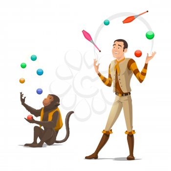 Circus juggler with trained monkey juggling balls and clubs. Vector isolated circus animals and equilibrist man performance