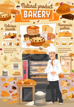 Baker in bakery shop with bread and desserts. Vector wheat flour bag, donut or muffin and croissant pastry with buns, pancakes or sweet bagel and toast bread in oven
