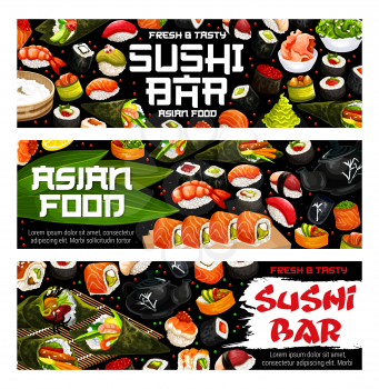 Sushi bar menu Japanese cuisine sushi and rolls, gunkan or futomaki and salmon sashimi. Vector Asian food restaurant banners of maki, nigiri with nori seaweed and chopsticks