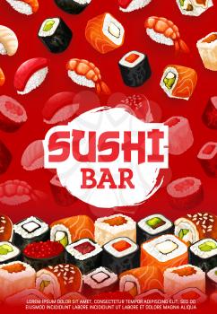 Sushi bar menu of sushi rolls, sashimi and maki pattern. Vector Japanese cuisine dishes, shrimp gunkan or futomaki salmon and ikura caviar or unagi eel with rice and nori seaweed