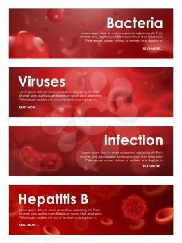Viruses, infections and blood disease bacteria of hepatitis. Vector banners of medical blood test or infectious microbiology and viral biology or hematology clinic laboratory research