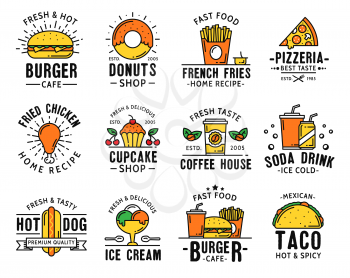Fast food restaurant signs and delivery or takeaway menu icons. Vector fastfood burgers cafe, donut cakes shop or pizzeria pizza and coffee house or Mexican tacos bar and hot dog street food