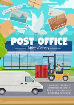Post office and mail delivery of newspapers, letter envelopes with stamps. Vector correspondence postage services, shipping pickup van, courier at post warehouse on loader pallet truck