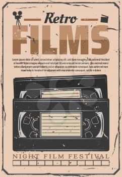 VHS video cassette poster, old movie video digitization. Night cinema festival or retro cinematography movie premiere, filmmaking camera and producer clapperboard