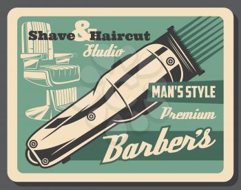 Barbershop haircut studio or men hairdresser salon vintage poster. Vector barber shop beard or mustaches shave trimmer and chair
