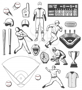 Baseball players, sport equipment and outfit uniform icons. Vector baseball ball and bat, scoreboard on arena field, catcher glove and batter helmet with umpire referee and cheerleader thumb up