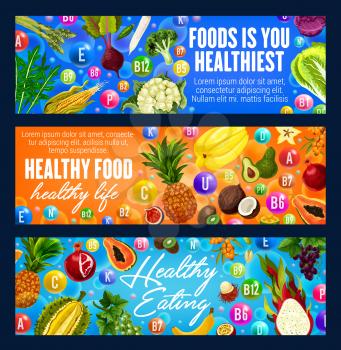Healthy food banners with fruits, vegetables and vitamins. Promotion of healthy eating organic products, healthiest food dieting ingredients, exotic tropical juice fruit and grocery veggies vector