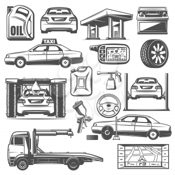 Car service and repair colorless icons isolated. Taxi and gas station, canister and tow truck, car wash, painting and navigator. Oil changes and car maintenance, vehicle exterior and interior check