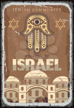 Welcome to Israel promo poster with country symbols. Star of David and laurel wreath and Fatimas hand amulet, synagogue and architecture building in antique style in frame vector retro brochure