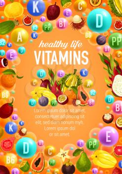 Healthy life with vitamins A, C, D and and minerals B, K, P poster. Fruits and vegetables, exotic fruits and symbols in color bubbles, vector leaflet with grocery veggies. Groceries rising immunity