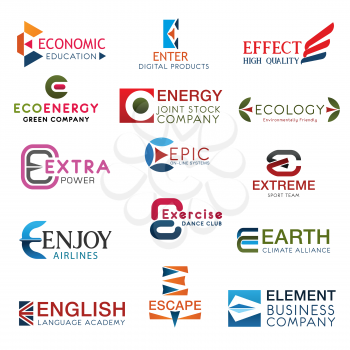 E letter symbols economic and education, English courses icon with flag, ecology protection organization signs. Extreme and exercise club, energy business and enjoy airlines, enter sign vector.