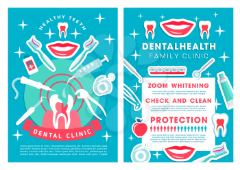 Dental poster with family clinic services. Check and clean, zoom and whitening, protection dental health care procedures and dentist accessory icons vector orthodontic advertisement brochure design
