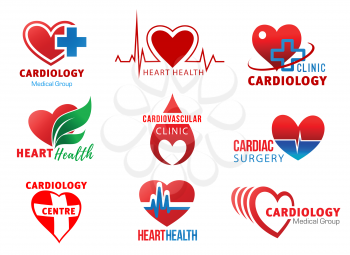 Heart and cardiovascular health red icons isolated. Cardiology medical group, cardiac surgery and cardio clinic. Drop of blood and heart shaped signs with diagnostic icons and cross symbols vector.