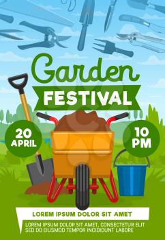 Garden festival poster with farming equipment. Working tools spade for digging, bucket, cart with ground, trowel and rake, fork and sickle convenient gardening instrument icons on vector poster.