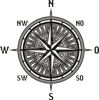 Compass icon in retro vintage style. Vector instrument used for navigation and orientation. Navigation tool showing direction and geographic cardinal points, used in travelling, guidance icon isolated
