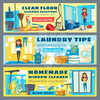 Clean floor and laundry tips, homemade window polishing cartoon banners. Advice for housewife to maintain house. Woman with buckets and brushes for mopping or sweeping and washing clothes vectors
