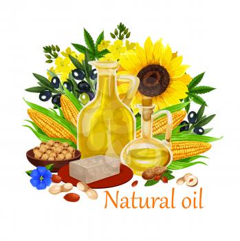 Natural oil made of sunflower seeds, olive and corn, peanuts and rapeseed, linseed. Vector types of extra virgin oils used in cosmetics, pharmaceuticals and soaps, for frying food and dressing salads.