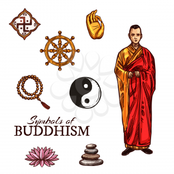Symbols of Buddhism monk, dharma wheel, rosary and yin-yang sign, lotus flower and pyramid of stones, sketch style vector. Buddhist and religious holy symbols and icons, oriental religion vector.