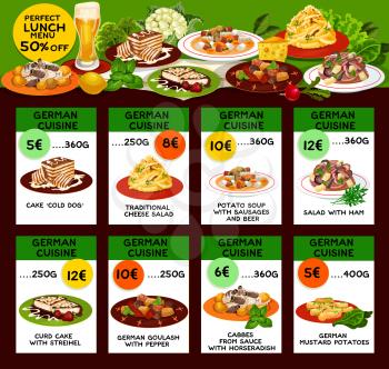 Menu of German cuisine nutritious dishes and prices. Traditional goulash with paper and cabbes from sause with horseradish, cheese or ham salad, potato soup and curd cake, mustard potatoes vector.