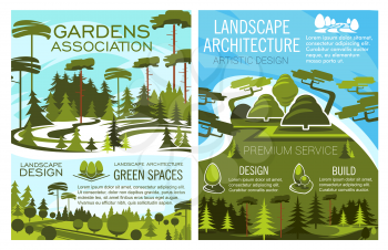 Landscape design and green spaces posters set. Ecology and environment maintenance. Planting fresh trees and thick bushes on neat lawns or meadows in city parks and reserved forests vector.