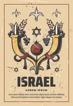 Israel retro poster cornucopia full of pomegranate, grapes and wheat. Horn of plenty, symbol of abundance and nourishment, large horn-shaped container overflowing with produce vector brochure design