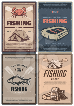 Fishing store and camp for professional retro posters. Leisure and hobby connected with nature promotion. Full rucksack and waterproof tent, big fish, red crab and inflatable boat vintage vector