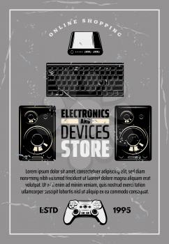 Modern devices and electronics shop old monochrome crumpled poster. Big powerful loud speakers, computer keyboard and game console with play joystick on shabby retro technology vector brochure