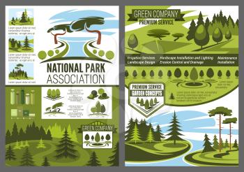 Landscape design, parks and forest construction green company posters. Garden services and environmental maintenance. National park and forests association for ecology protection vector leaflets