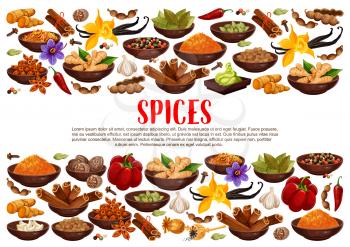 Fragrant spices and condiments from India. Ginger and cinnamon, bay leaves and vanilla, anise star and hot chilli pepper. Piquant curry and nut meg, garlic and saffron, wasabi sauce vector