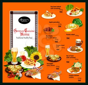 Traditional German cuisine dishes, food in menu with prices. Cold beer and sea bass, apple pancakes and meatballs in sauce, potato salad and meat puff, schnitzel and sausages, chicken cutlets vector