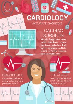 Cardiology medical center with accurate diagnosis poster. Cardiac surgeon in uniform with stethoscope. Equipment for heart diseases prevention and treatment, cardiologist professional doctor vector
