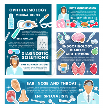 Medical posters specialists in ophthalmology and endocrinology. Professional consultations on ear, nose and throat, diabetes and thyroid, dietician doctors. Ophthalmologist and endocrinologist vector.