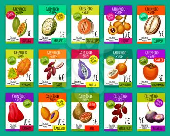 Exotic fruits price cards from food shop. Vector set kuruba and marang, cantaloupe and loquat, cupuasu and kiwano, dates and akebia, grenadilla, perssimmon, gandaria and bail, magic fruit and kaimito