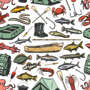Fishery gear equipment, fishing and fish seamless pattern. Inflatable and wooden boats, rods and boots, paddles and waterproof tent sketch vector. Tuna and hake, sardine, sea brass, dorado and cod
